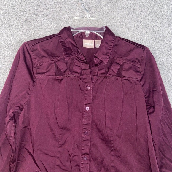 Chico's Button Up Top Womens 1 Burgundy Casual Collared Long Sleeve Cutout - Picture 3 of 11